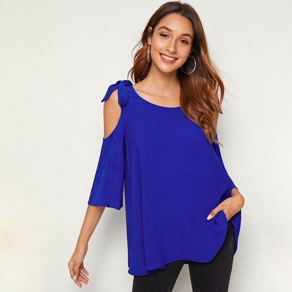 

Knot Cold Shoulder Solid Swing Top, Blue bright