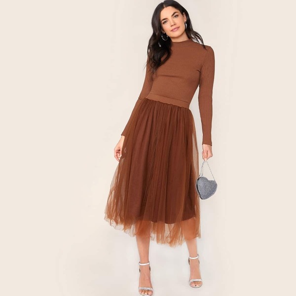 

Solid Rib-knit Top & Mesh Overlay Skirt Set, Brown