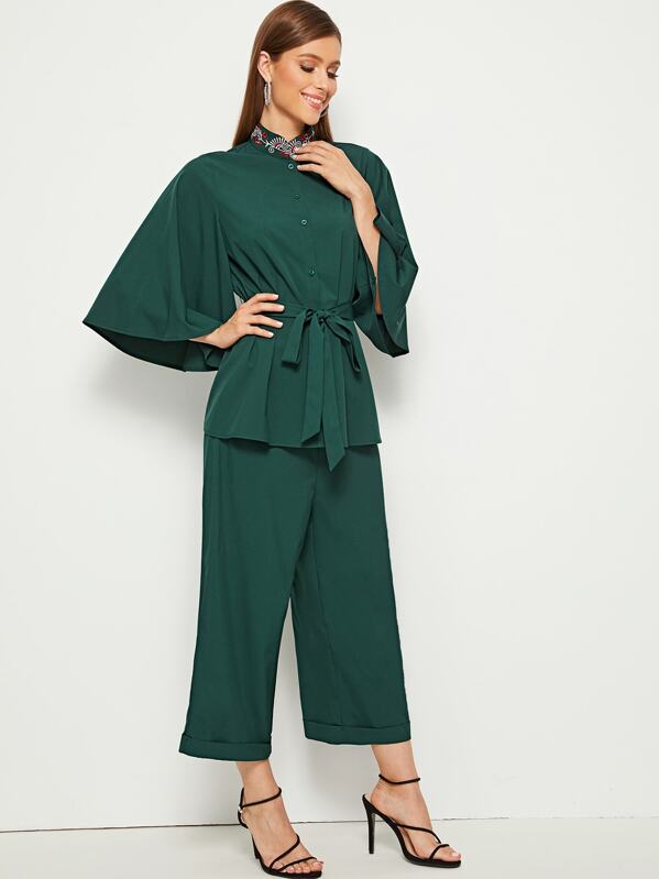 

Embroidered Detail Flutter Sleeve Shirt & Pants Set, Green, Gabi D