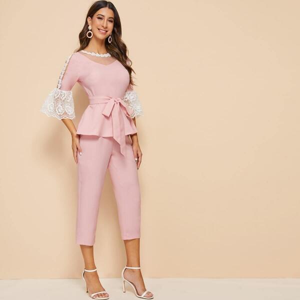 

Embroidery Mesh Insert Belted Peplum Top & Pants Set