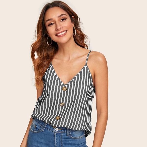 

Button Front Striped Cami Top, Black and white