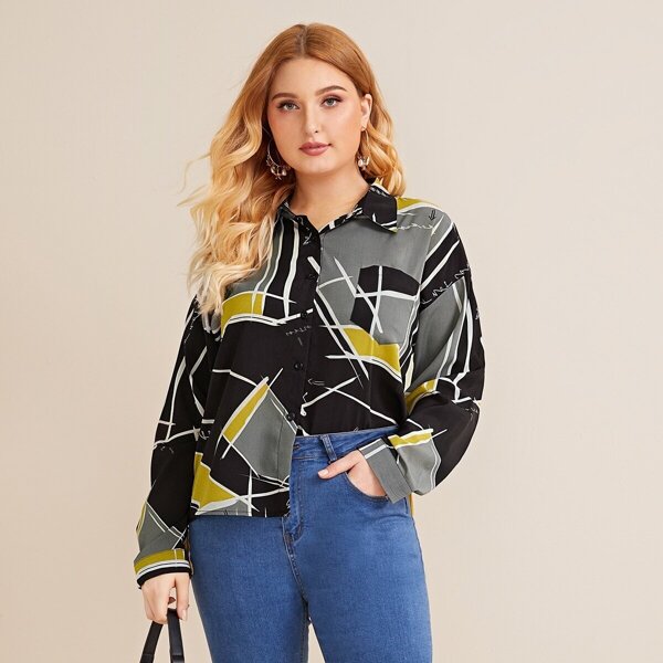 

Plus Geo Print Dip Hem Blouse, Multicolor