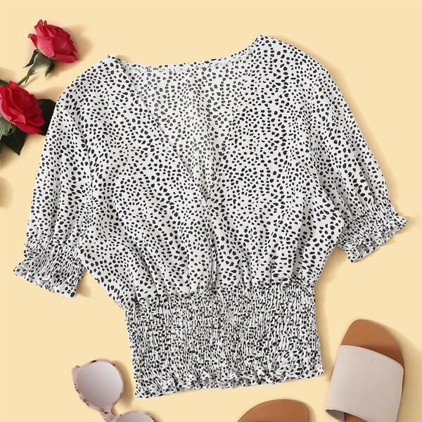 

Plus Dalmatian Print Frill Shirred Blouse, Black and white