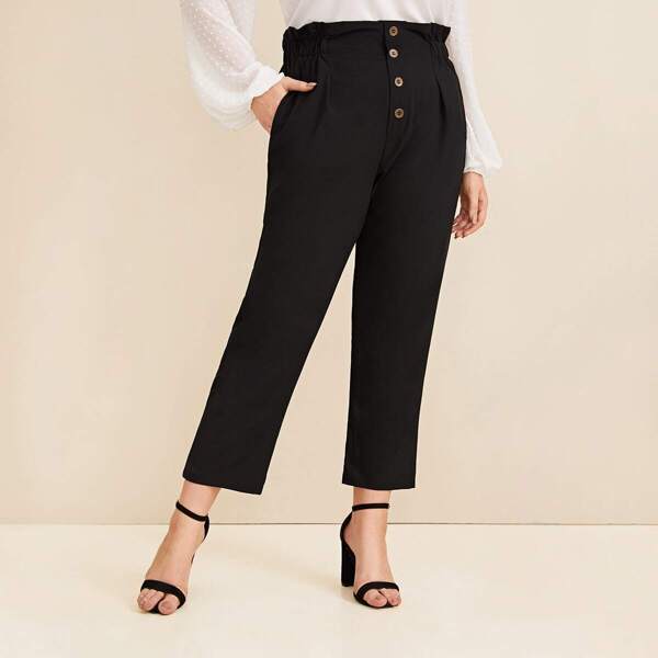 

Plus Button Detail High Waist Straight Leg Pants, Black