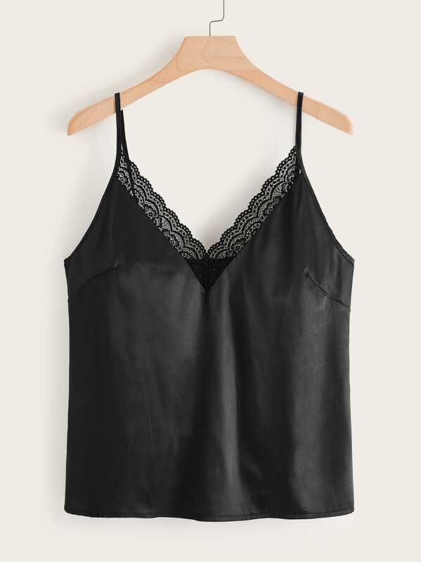 

Plus Contrast Lace Cami Top, Black