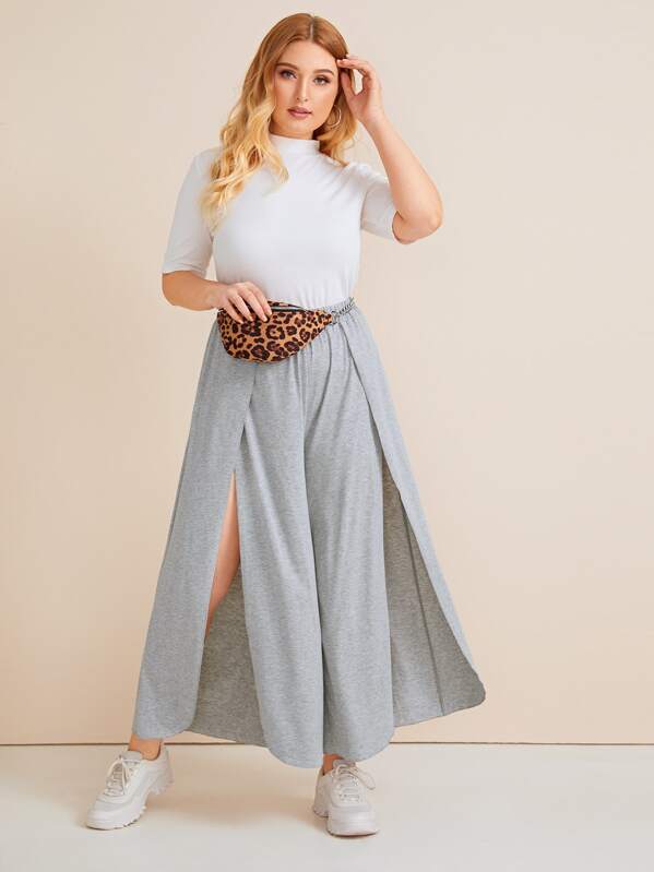 

Plus Solid Split Thigh Wide Leg Pants, Grey, Nora