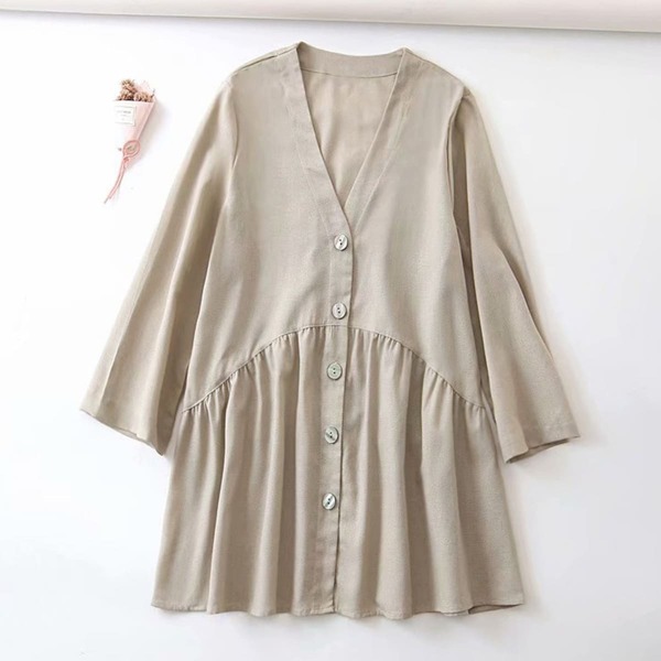 

V-Neck Button Through Ruffle Hem Dress, Beige