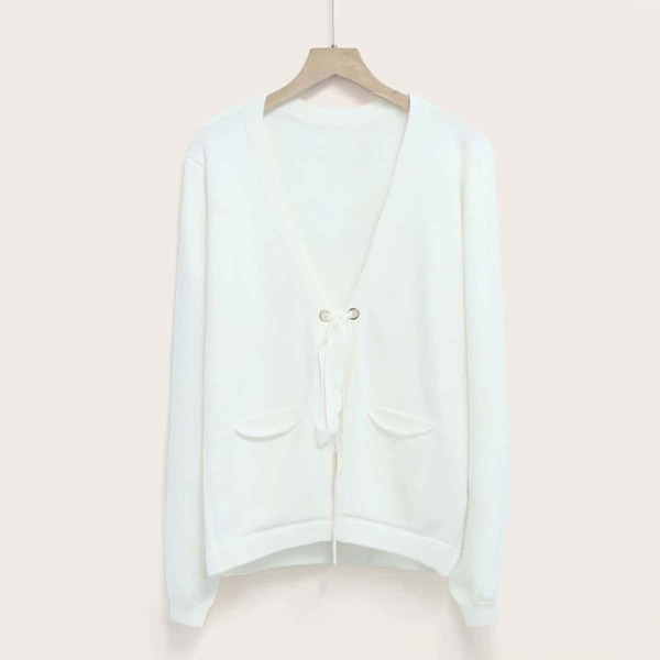 

Tie Front Garment Eyelets Pocket Cardigan