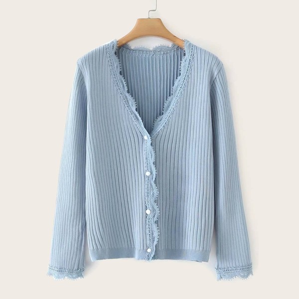 

Contrast Lace Trim Ribbed Knit Cardigan