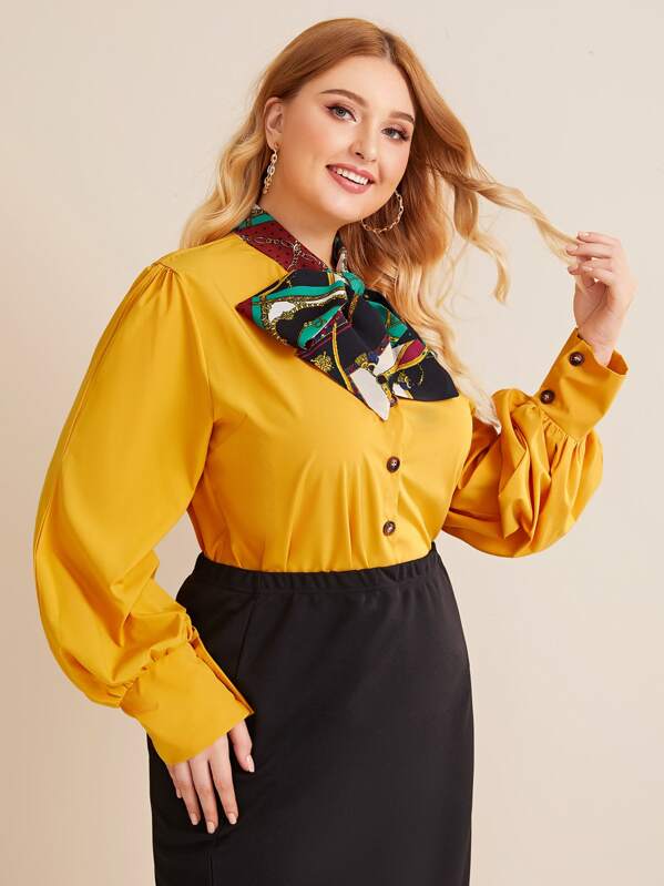 

Plus Chain Pattern Tie Neck Blouse, Yellow, Nora