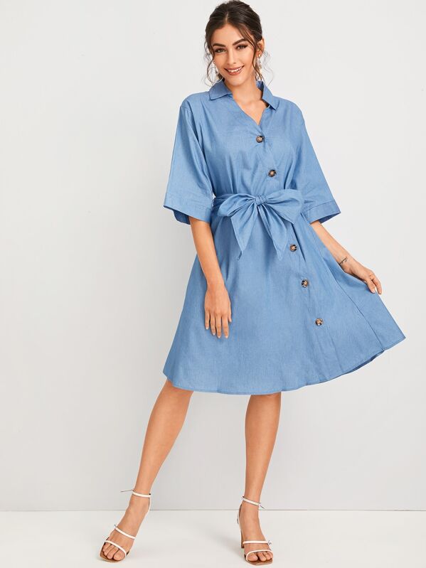 

Button Front Belted Shirt Dress, Blue, Carol A
