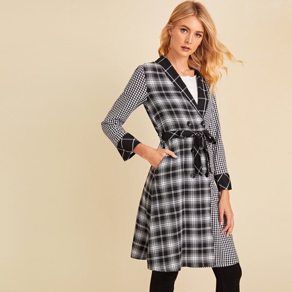 

Self Tie Plaid Pea Coat, Black and white