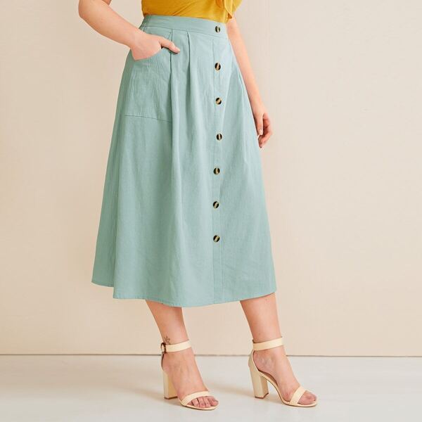 

Plus Button Front Solid Skirt, Green