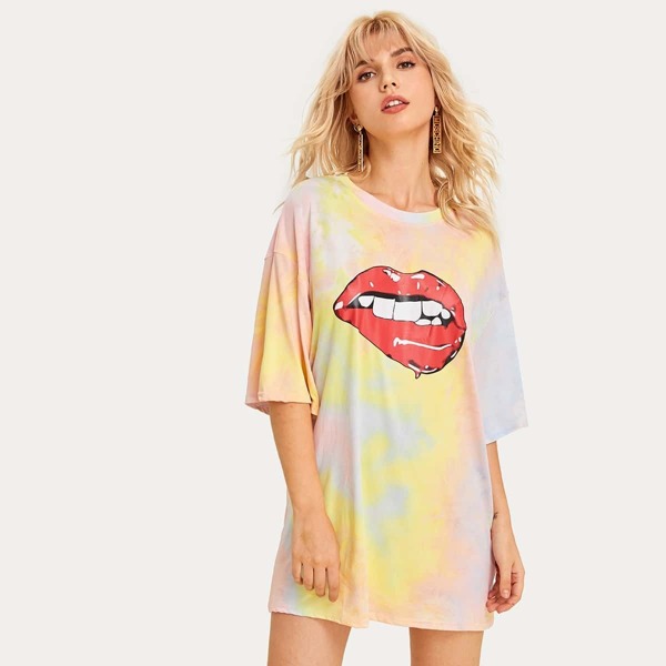 

Tie Dye Lip Print T-shirt Dress, Multicolor