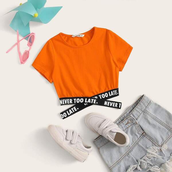 

Girls Neon Orange Slogan Tape Crisscross Hem Top, Orange bright