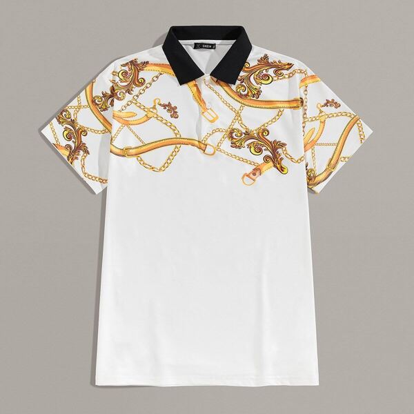 

Men Contrast Collar Scarf Print Polo Shirt, White