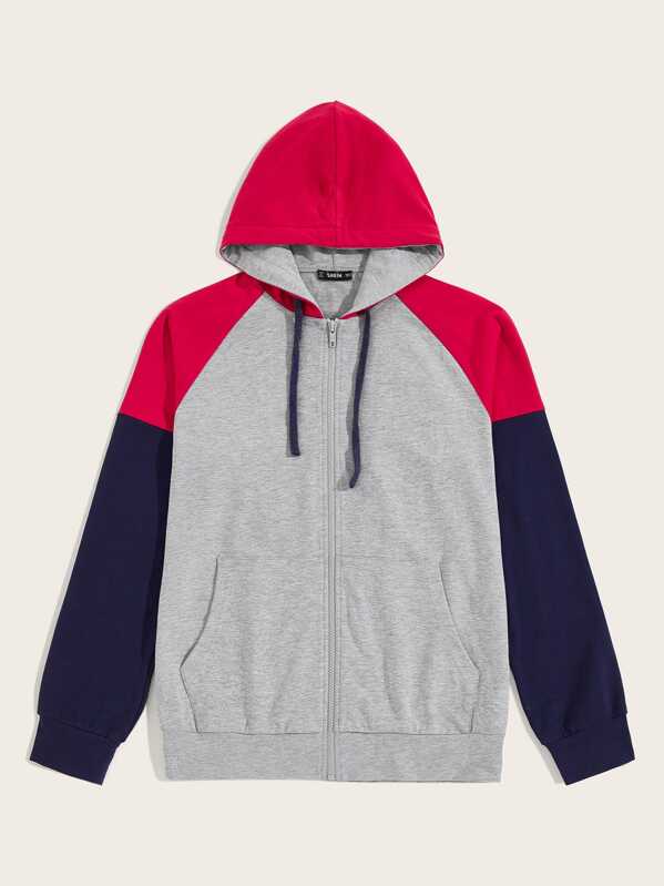 

Men Pocket Front Raglan Sleeve Colorblock Zip Up Hoodie, Grey