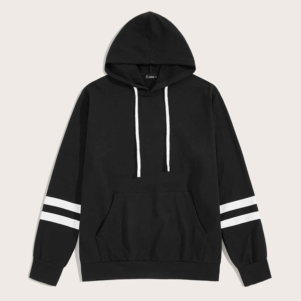 

Men Pocket Front Varsity Striped Sleeve Drawstring Hoodie, Black
