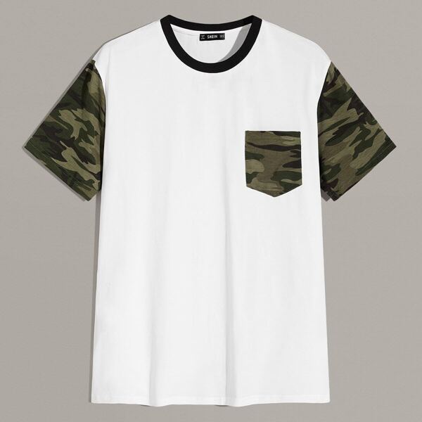 

Men Contrast Neck Camo Print Pocket Patched Tee