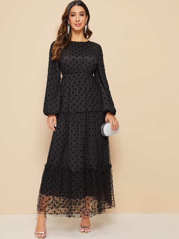 

Lantern Sleeve Frill Trim Dobby Mesh Dress, Black, Gabe