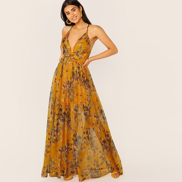 

Plunging Neck Crisscross Open Back Halter Dress