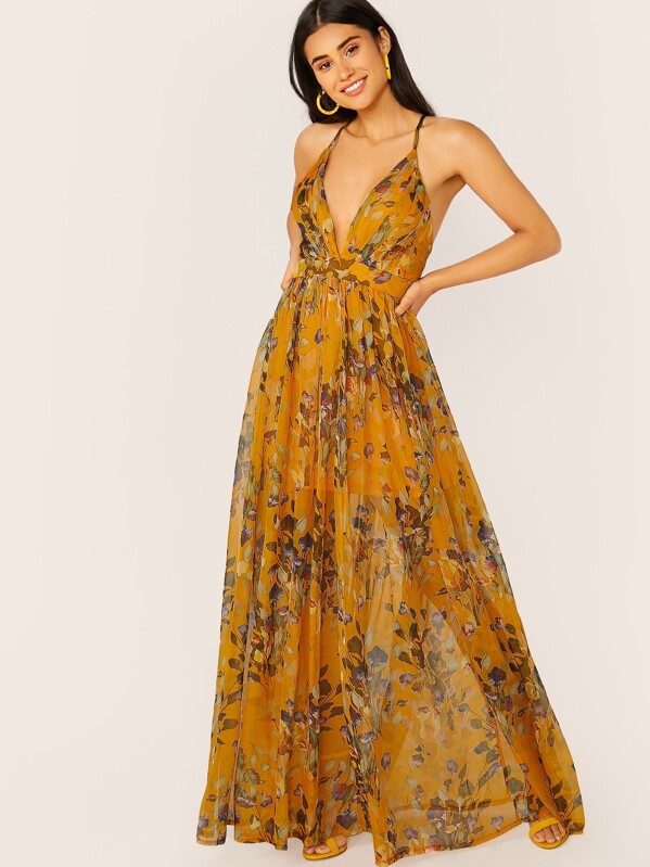 

Plunging Neck Crisscross Open Back Halter Dress, Yellow, Izzy Marshall