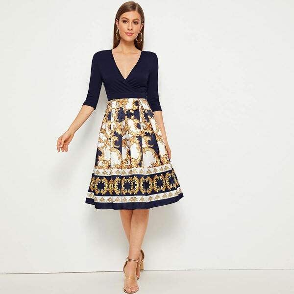 

Surplice Plunging Neck Scarf Print Pleated Dress, Multicolor