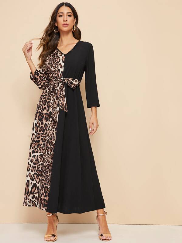 

Leopard Print Self Belted Colorblock Dress, Multicolor, Gabe