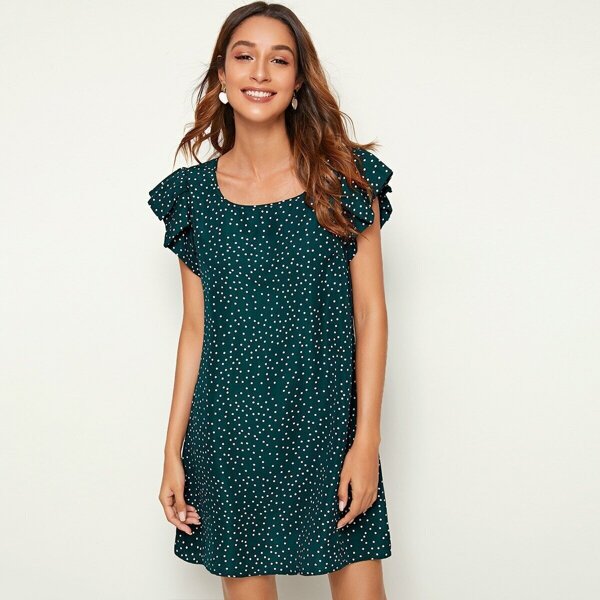 

Polka Dot Ruffle Armhole Dress, Green