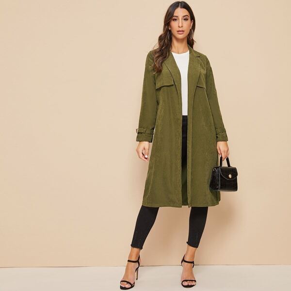 

Notch Collar Buckle Strap Sleeve Self Belted Coat, Army green