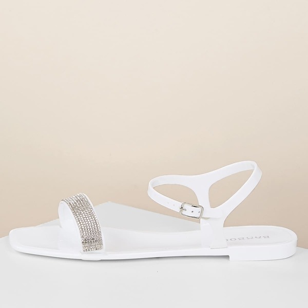

Crystal Band Buckled Ankle Jelly Sandals, White