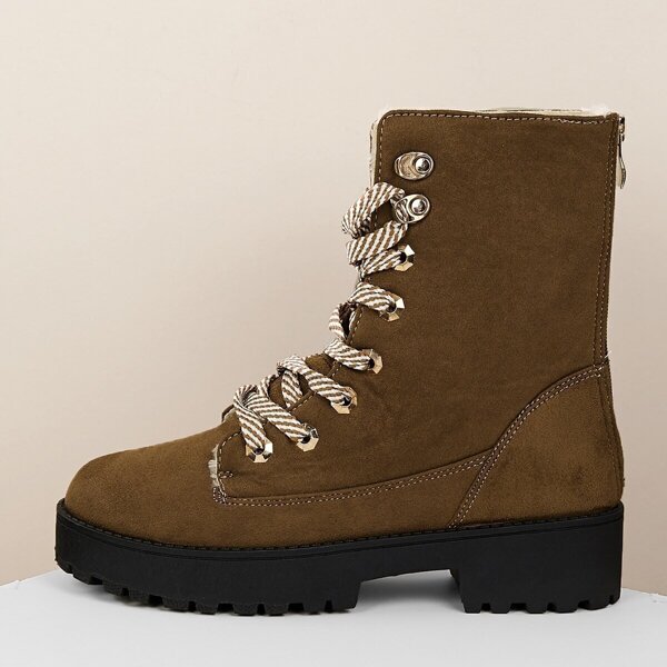 

Faux Fur Line Lace Up Heavy Sole Military Boots