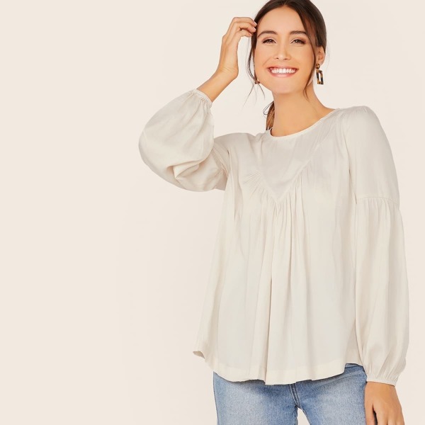 

Balloon Sleeve Shirred Blouse, White