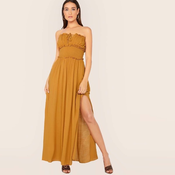 

Strapless Side Slit Maxi Dress, Camel