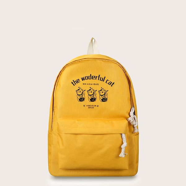 

Cat Print Pocket Front Backpack, Yellow
