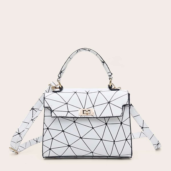 

Geometric Print Satchel Bag, White
