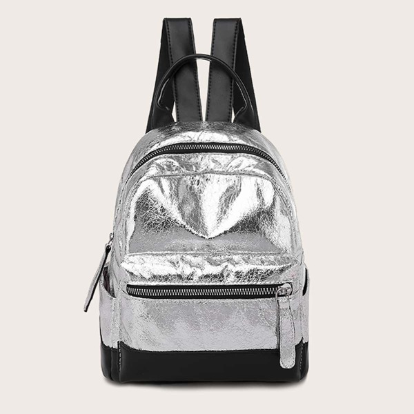 

Two Tone Metallic Pocket Front Backpack, Silver