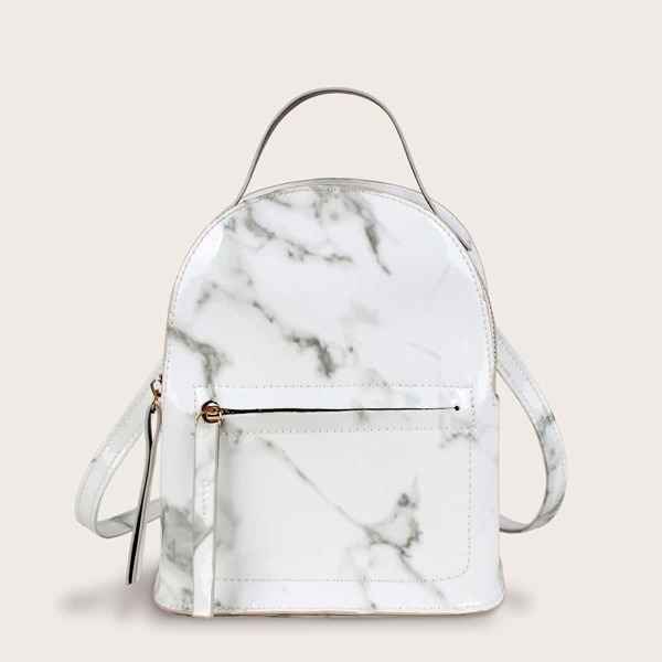 

Marble Print Pocket Front Backpack, White