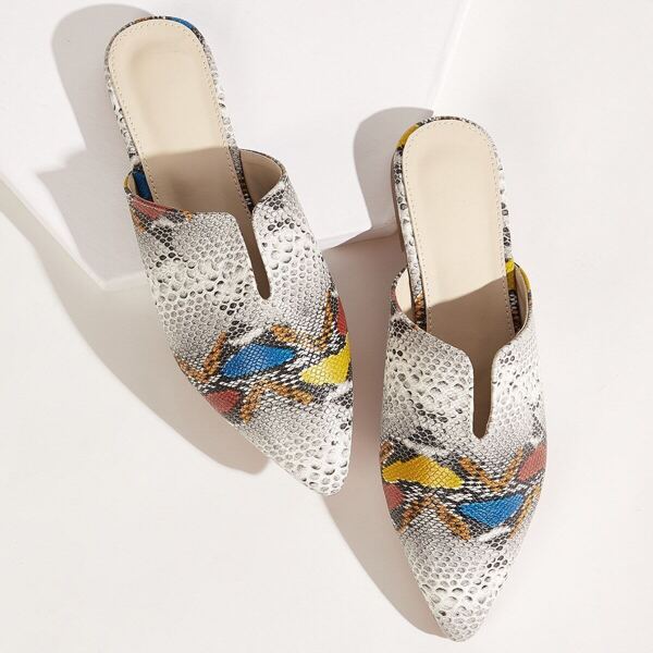 

Point Toe Snakeskin Print Flat Mules