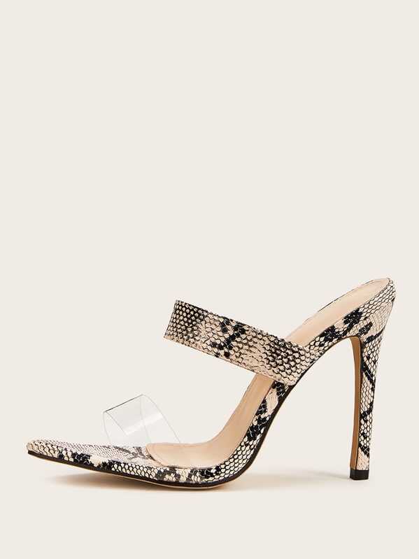 

Double Strap Snakeskin Stiletto Heeled Mules, Multicolor