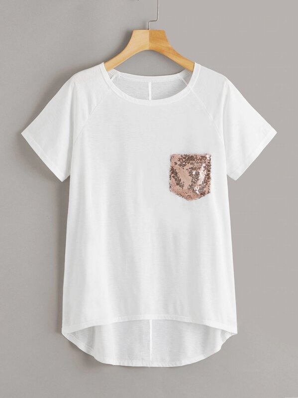 

Plus Sequin Pocket High Low Tee, White