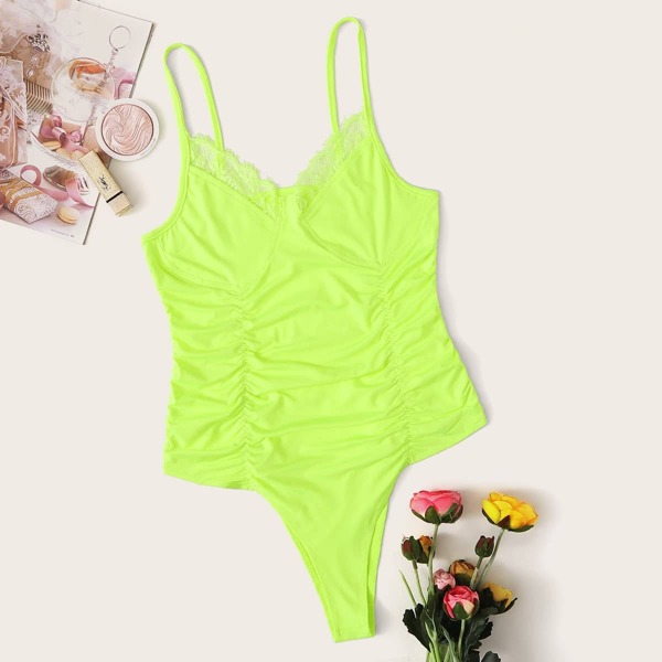 

Neon Lime Contrast Lace Ruched Cami Bodysuit