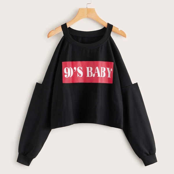 Letter Graphic Cold Shoulder Sweatshirt, Black