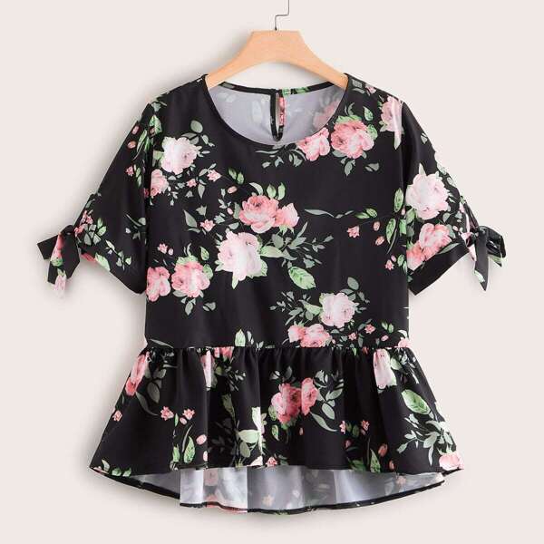 

Plus Floral Print Knot Cuff Peplum Blouse, Black