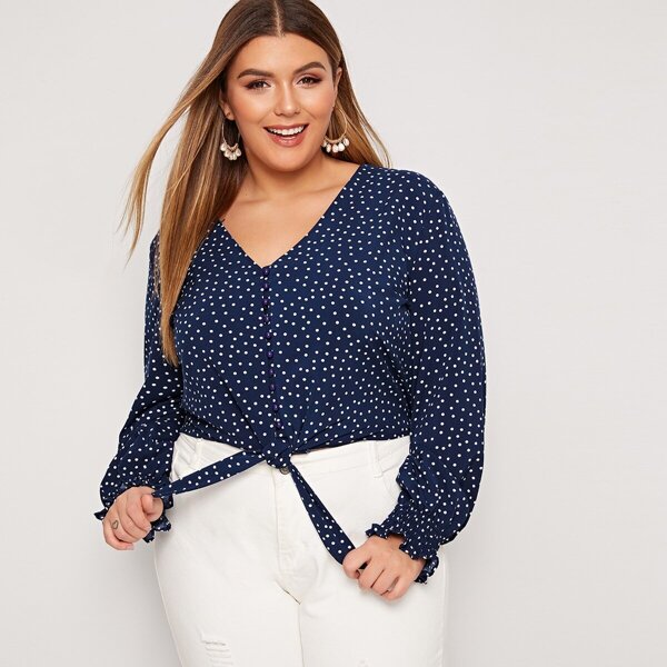 

Plus Polka Dot Knot Hem Shirred Cuff Blouse, Navy
