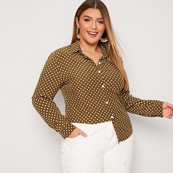

Plus Polka Dot Button Front Blouse, Khaki