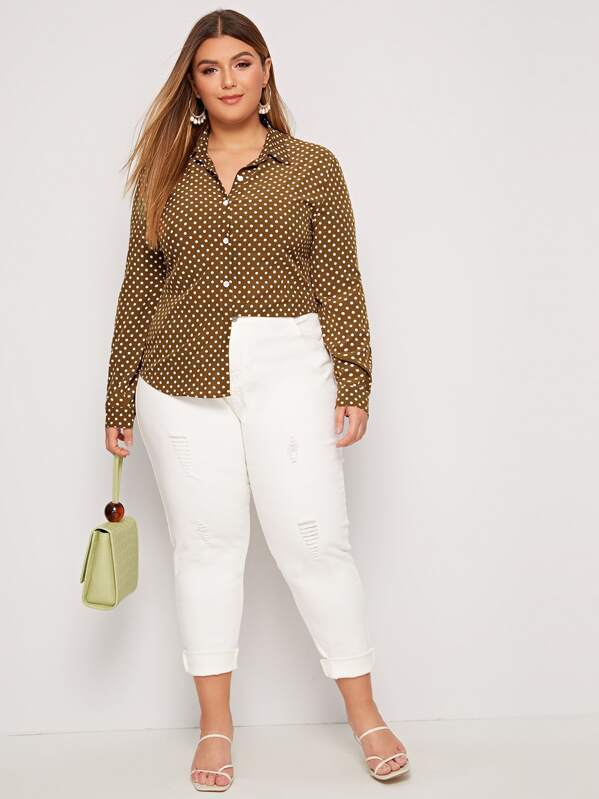 

Plus Polka Dot Button Front Blouse, Khaki, Angelica