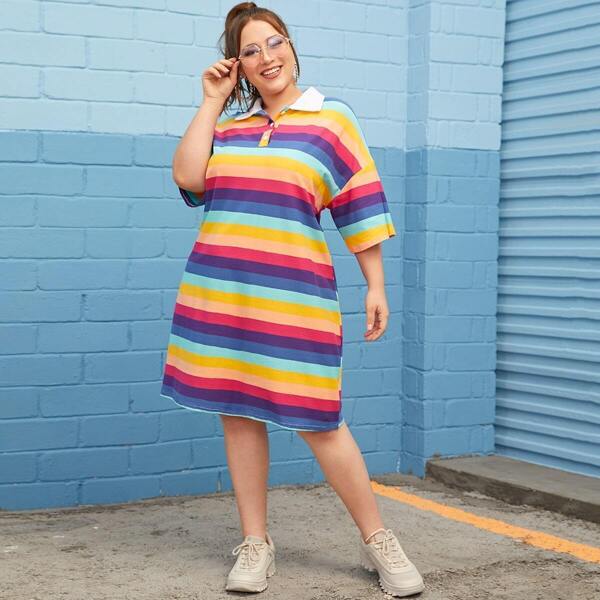 

Plus Contrast Neck Rainbow Striped Dress, Multicolor