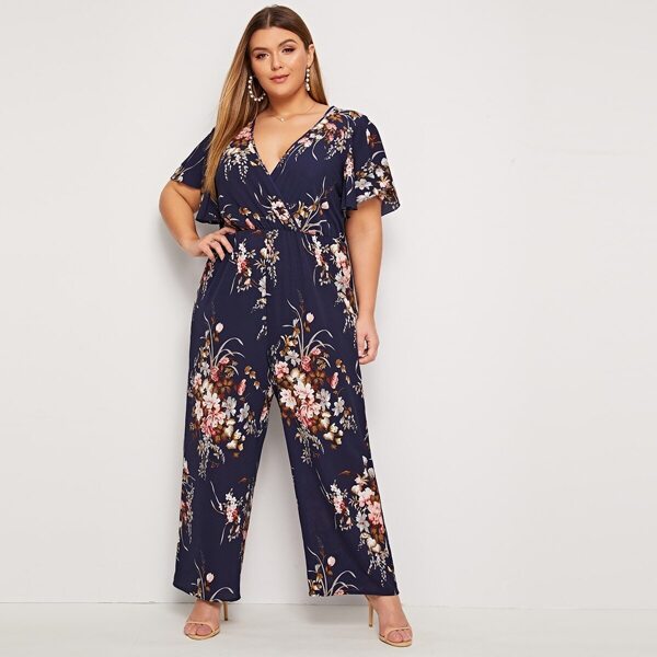 

Plus Surplice Front Floral Print Jumpsuit