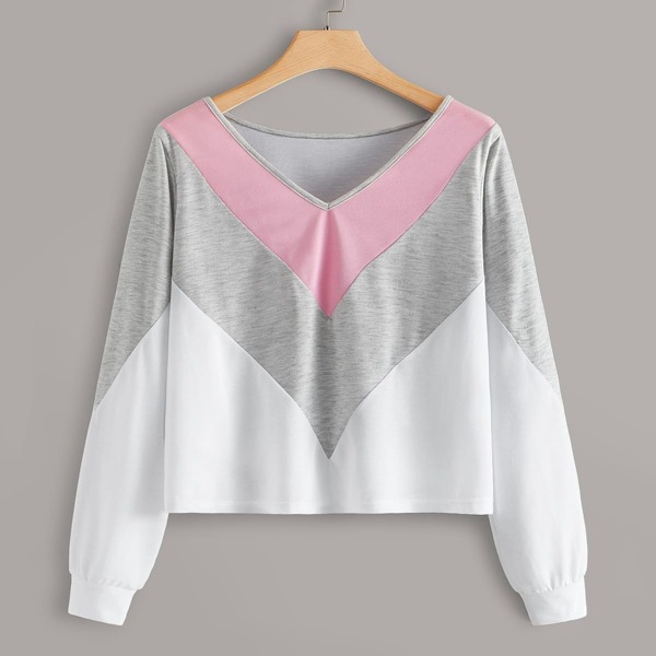 

Plus V-Neck Cut And Sew Sweatshirt, Multicolor